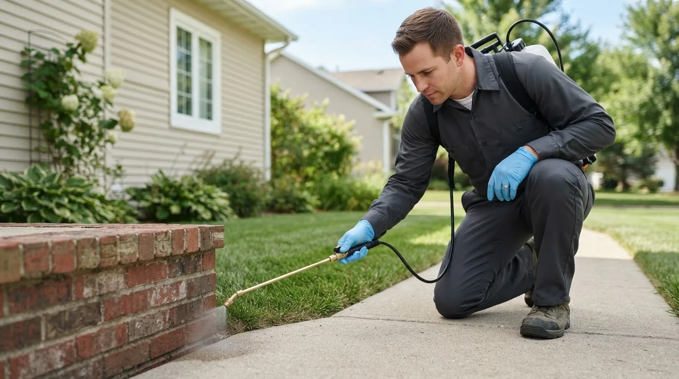Pest control technician treating a home near Johnstown, CO